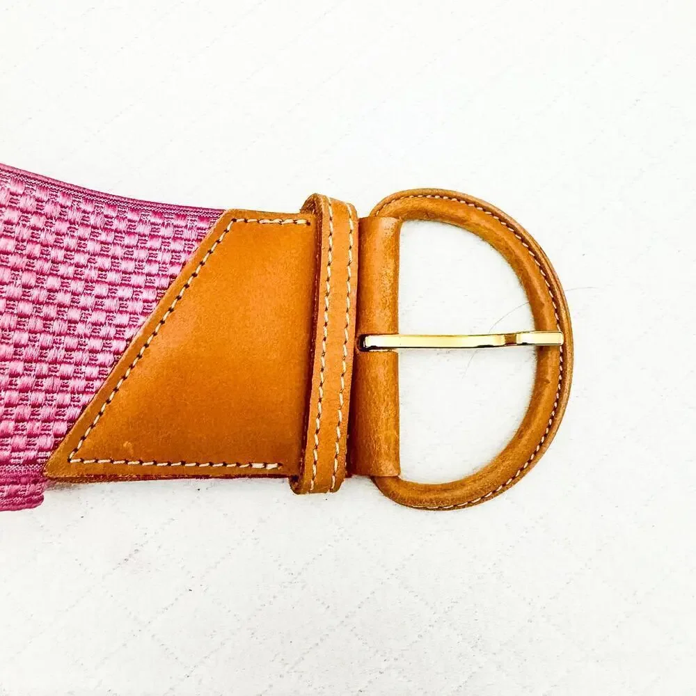 Guy Laroche France Vintage Pink Stretch Woven Color Belt Leather Accent Size 32
